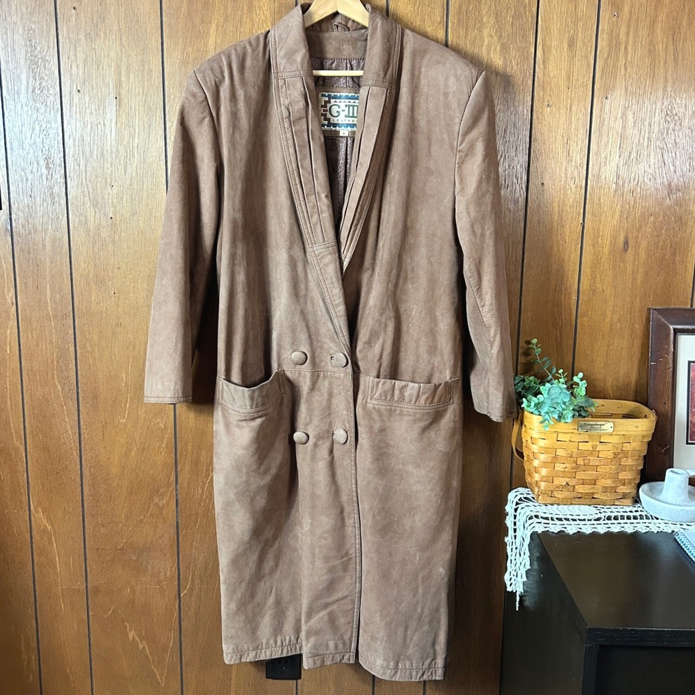 Vintage GIII Leather Brown Suede Duster Coat Trench Style Double Breasted Size M